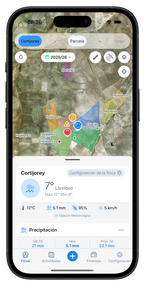 Finquet en iPhone mostrando la misma finca con datos meteorológicos