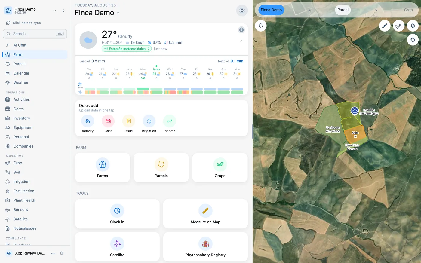 Finquet on desktop showing the farm map with plots