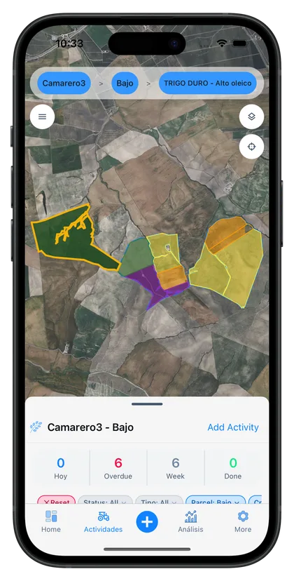 Finquet en iPhone mostrando la misma finca con datos meteorológicos