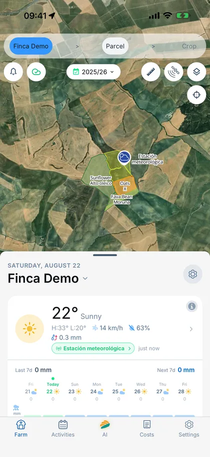 Finquet on iPhone showing the same farm with weather data