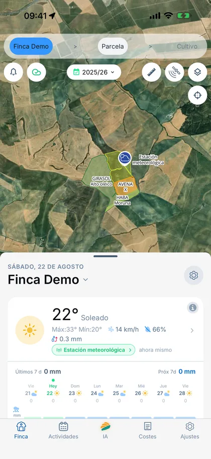 Finquet en iPhone mostrando la misma finca con datos meteorológicos